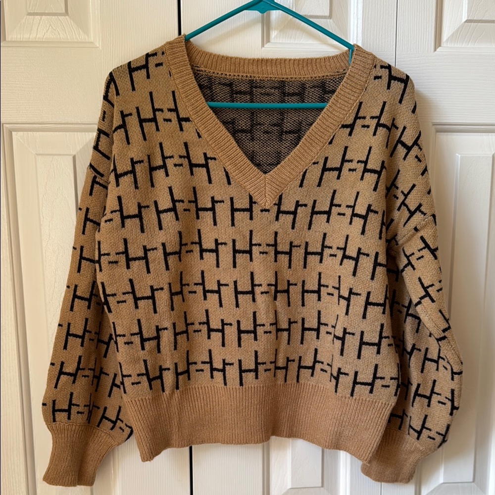 SHEIN Tan and Black V-Neck Sweater with Geometric Pattern
